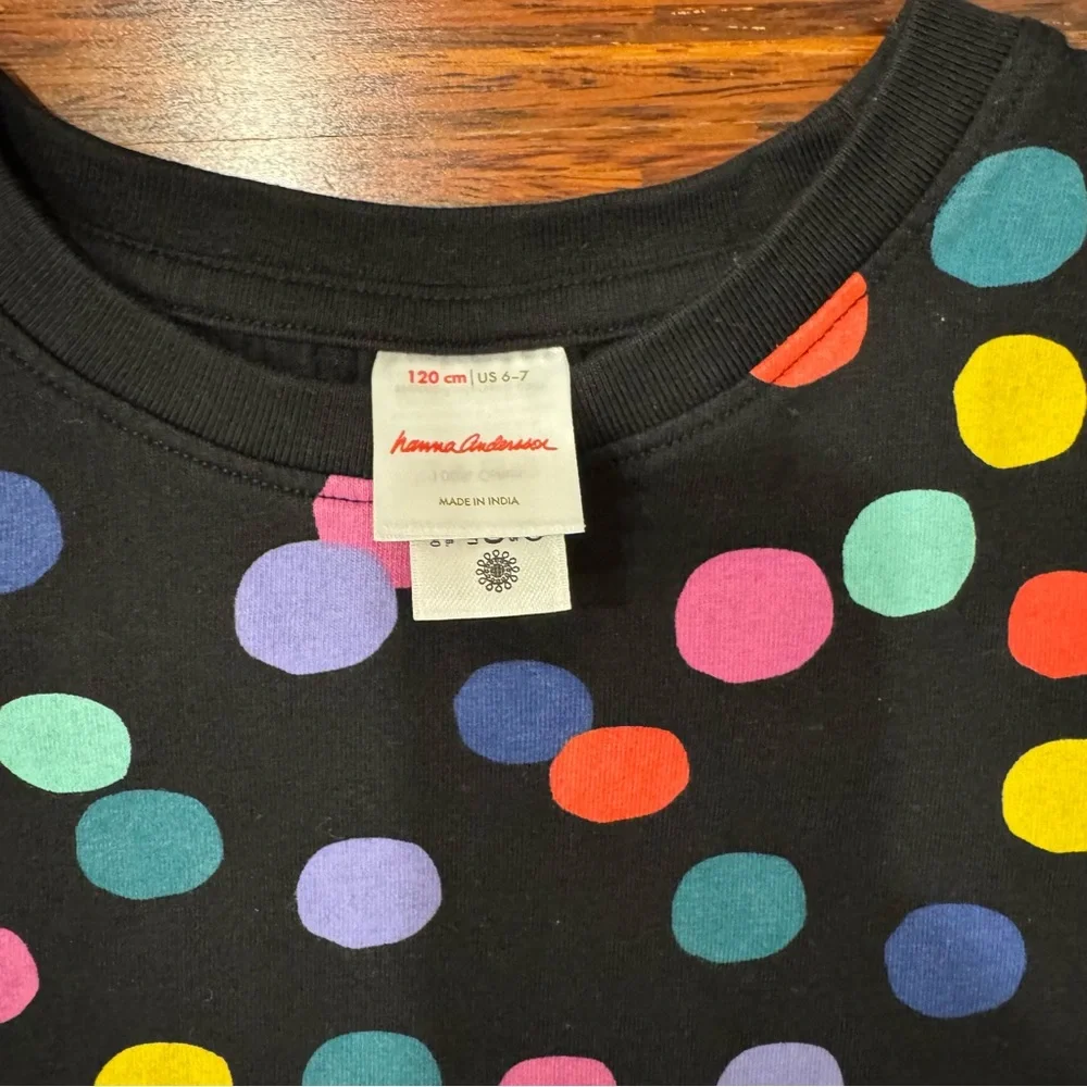 Hanna Andersson long sleeve Tshirt dress size 120 6/7 EUC  black with polka dots